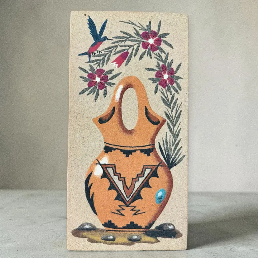 Vintage Navajo Sand Art Wedding Vase Hummingbird Floral Wall Art 6x12 Southwestern Native American Decor