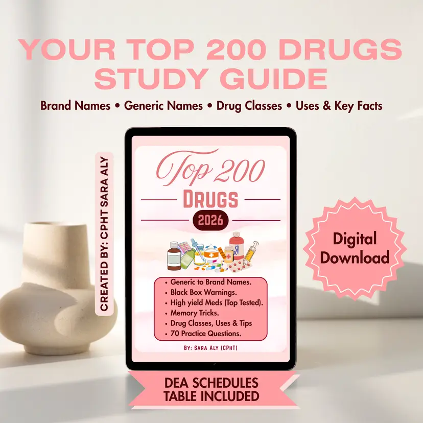 PTCB Top 200 Drugs Binder | Pharmtech Study Guide | Generic to Brand Names | DEA Schedules | Drug Uses (Digital Download)