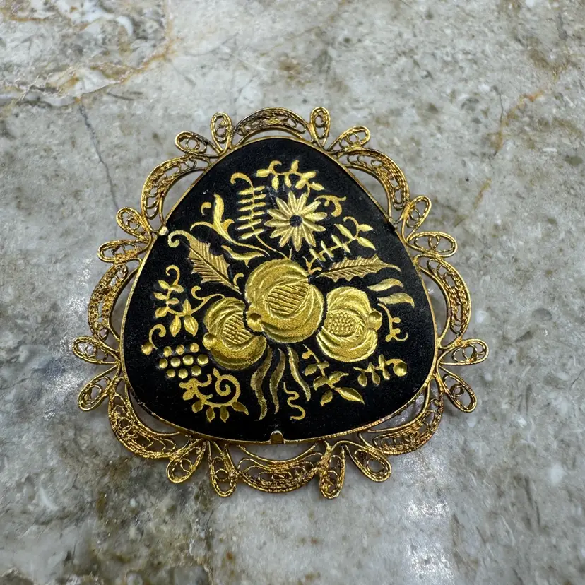 Vintage 2” Spanish Damascene Rounded Triangle Brooch – Ornate Gold Filigree Frame, Botanical Floral Motif, Toledo Spain