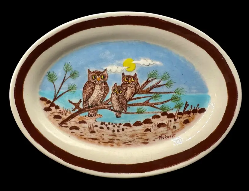 Signed Ackeret Vintage Studio Art Pottery Plate Hand Painted Owl Bird 1985 8”