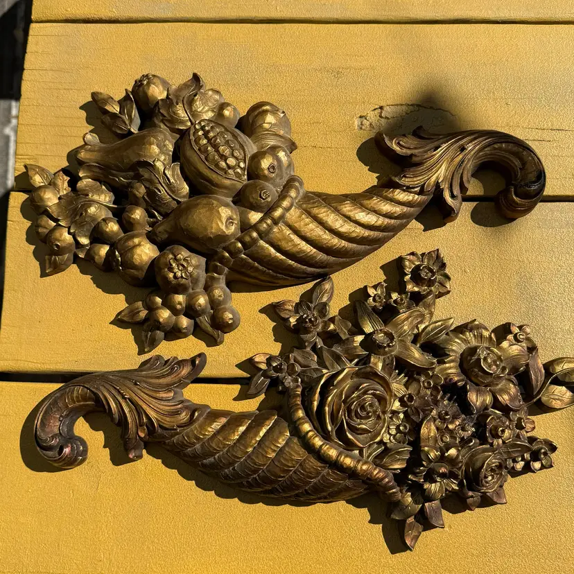 Vintage 1965 Dart Industries Gold Cornucopia Wall Plaques MCM Hollywood Regency Horn of Plenty