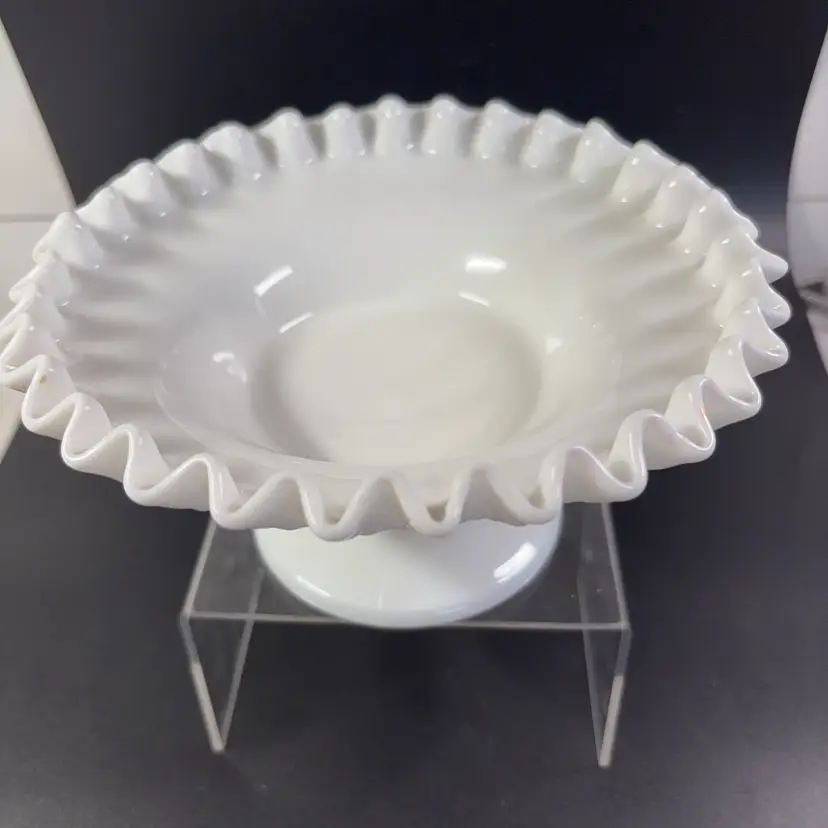 West Moreland, Milk Glass Ruffle Edged Compote, Bramble Pattern