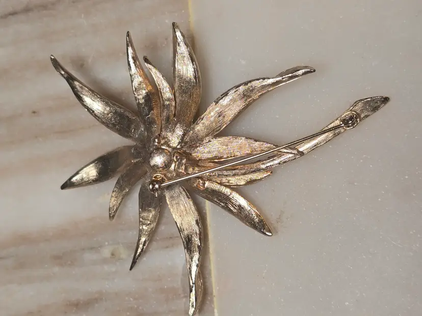 Vintage Gold Tone Floral Spray Brooch White Beads Rhinestones