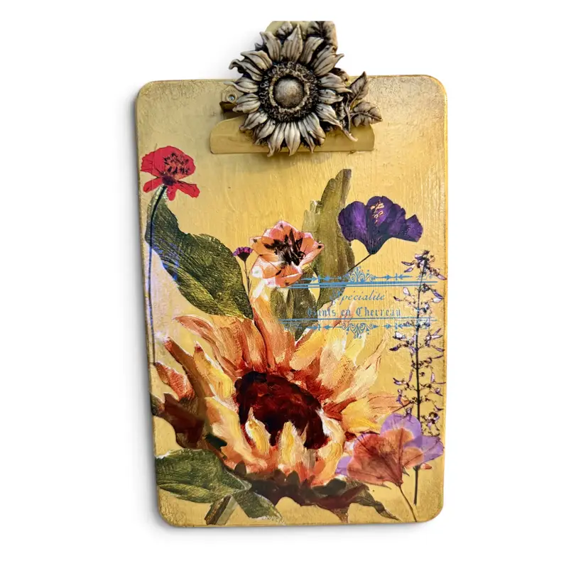 Small Upcycled Rustic Clipboard with Sunflower Florals Hand Painted