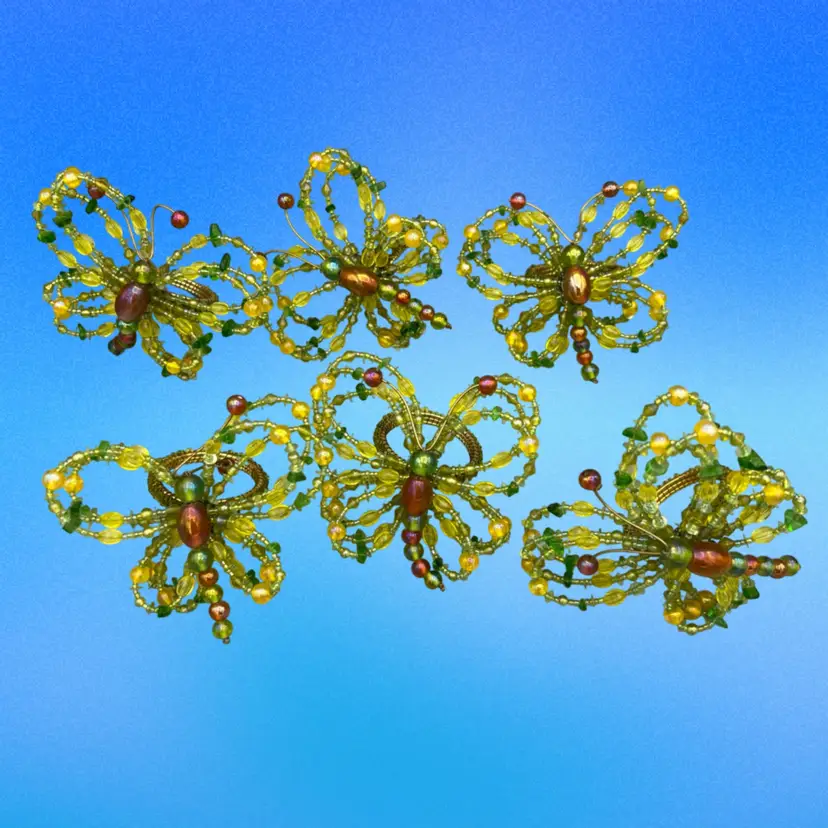 Vtg 6 Mackenzie-Childs Beaded Butterfly Napkin Rings Green, Gold, Red...