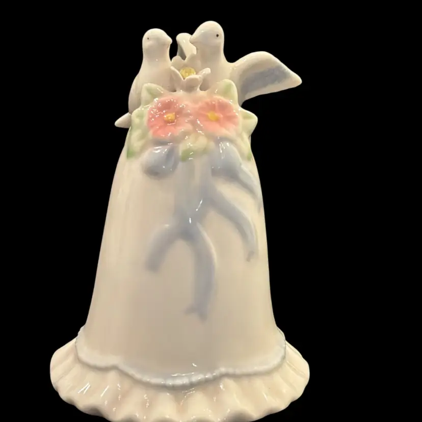 Vintage Porcelain Wedding Bells – Lovebirds & Pink Flowers