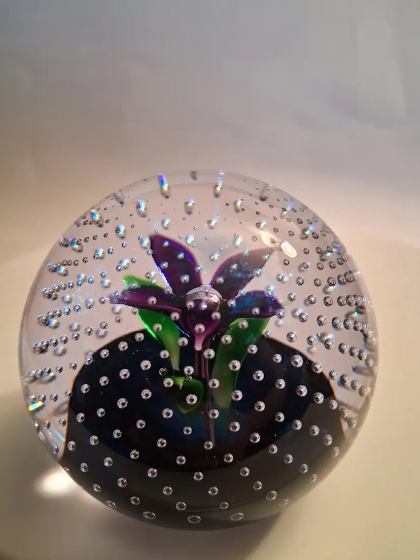 Vintage Caithness Scotland 'Flower In The Rain' Paperweight c.1970s Rare Purple Flower Version