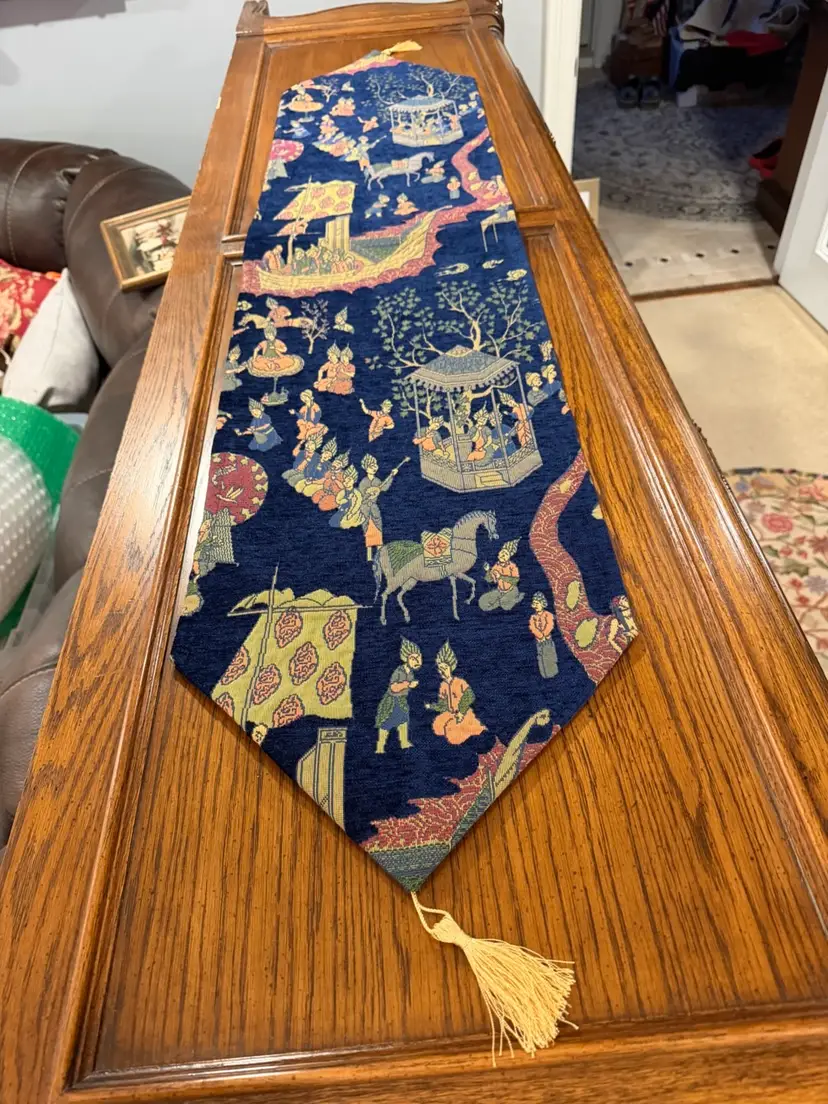 Luxury Heavyweight Turkish Chenille Table Runner With Tassels Asian Thai Village Print Navy & Gold Chinoiserie Style ~56” Long not including Tassels