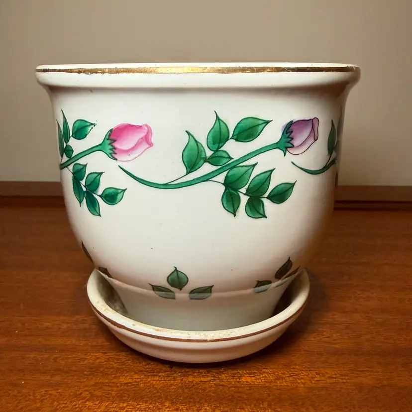 Porcelain Rose Bud Planter Pot with Integrated Saucer