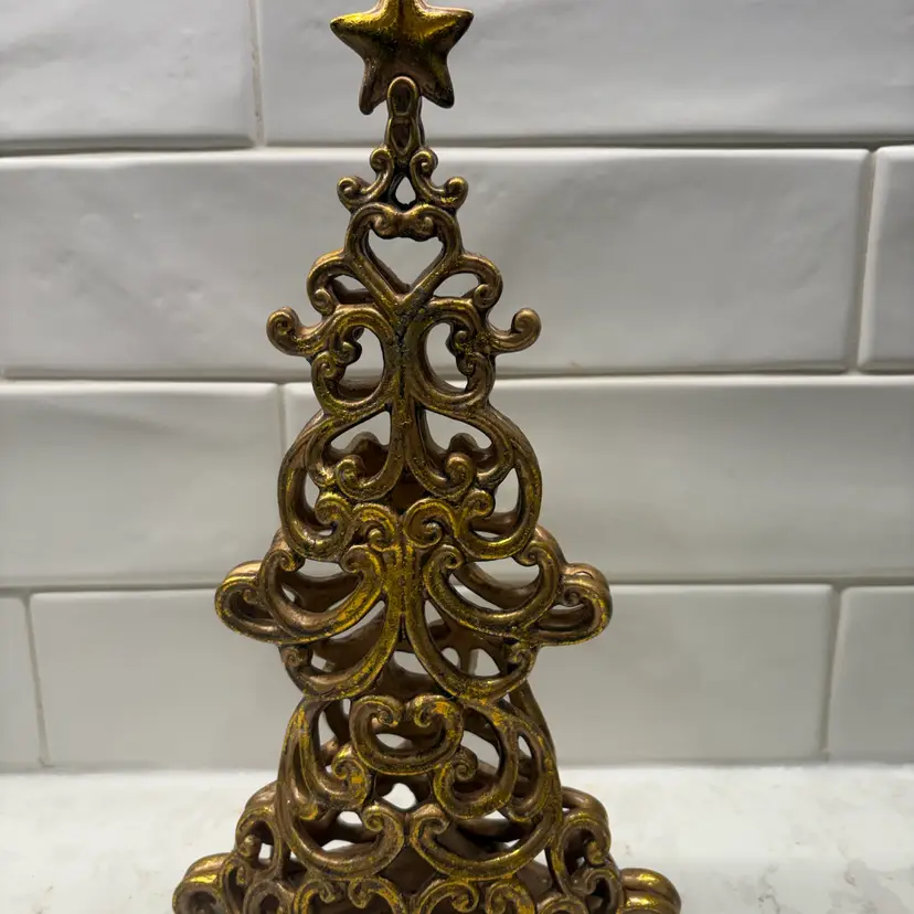 Vtg Gold Filigree Christmas Tree - Ornate Scrollwork Star Topper Mantel Decor
