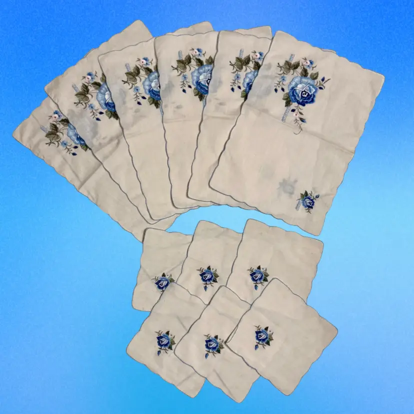 Vintage Cottagecore Cotton Linen 6 Placemat &  Napkin Set of (12) Blue Rose Embroidery