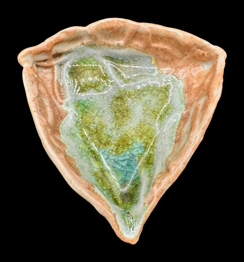 Studio Art Pottery Small Trinket Dish Crackle Geode Glaze Green Blue Triangle