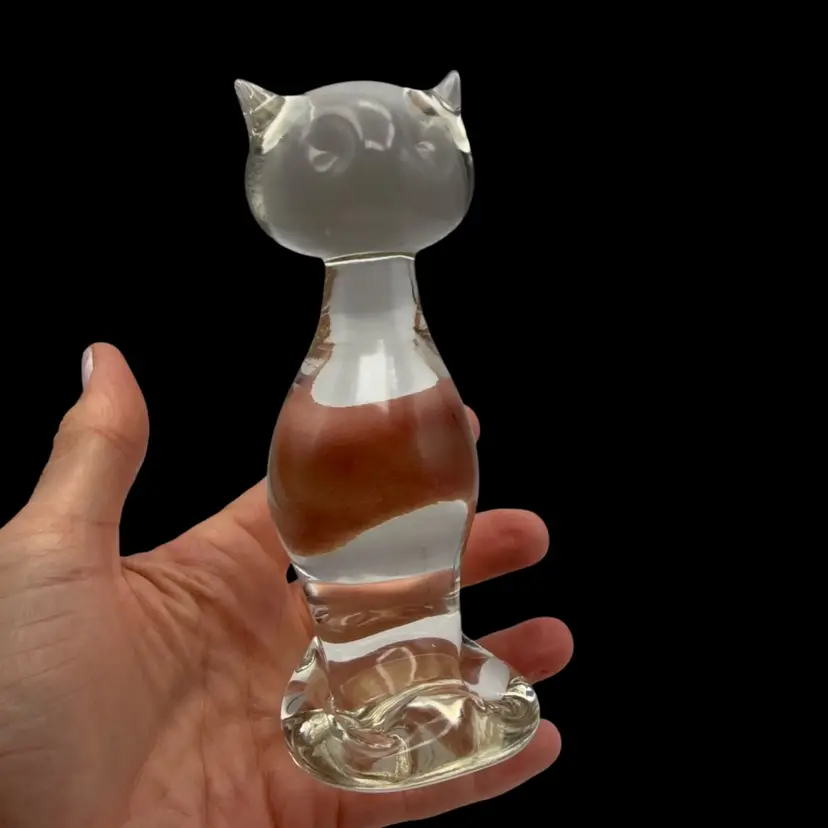 Viking Clear Glass MCM Cat Paperweight Figurine - 4”