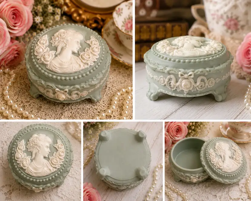 Vintage Sage Green Jasperware Style Trinket Box Lady & Roses Raised Relief 3.5”