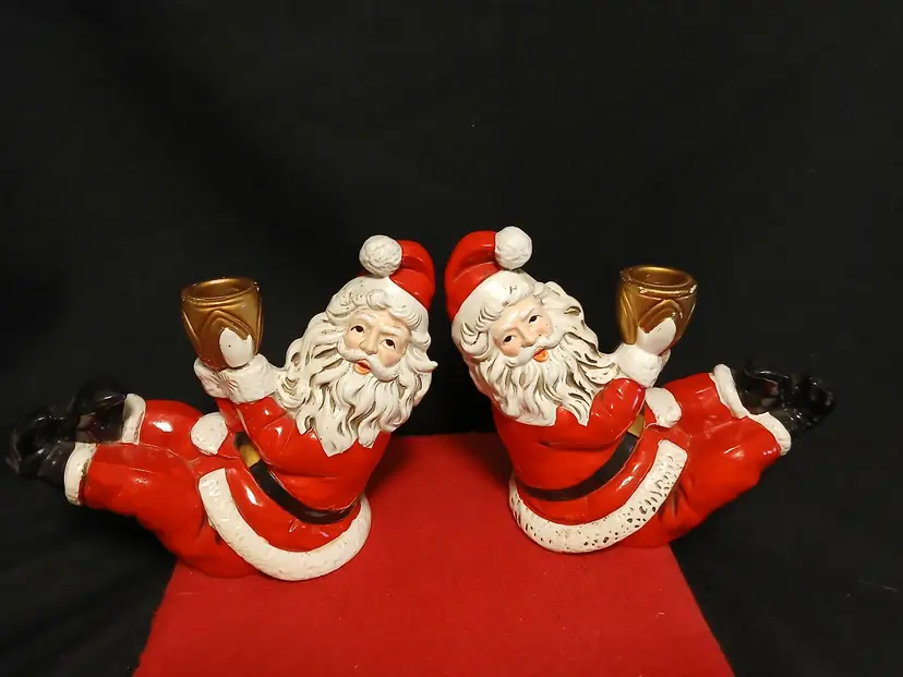 Vintage 1950s Mantel Papier-mâché Santa Claus Taper Candle Holders