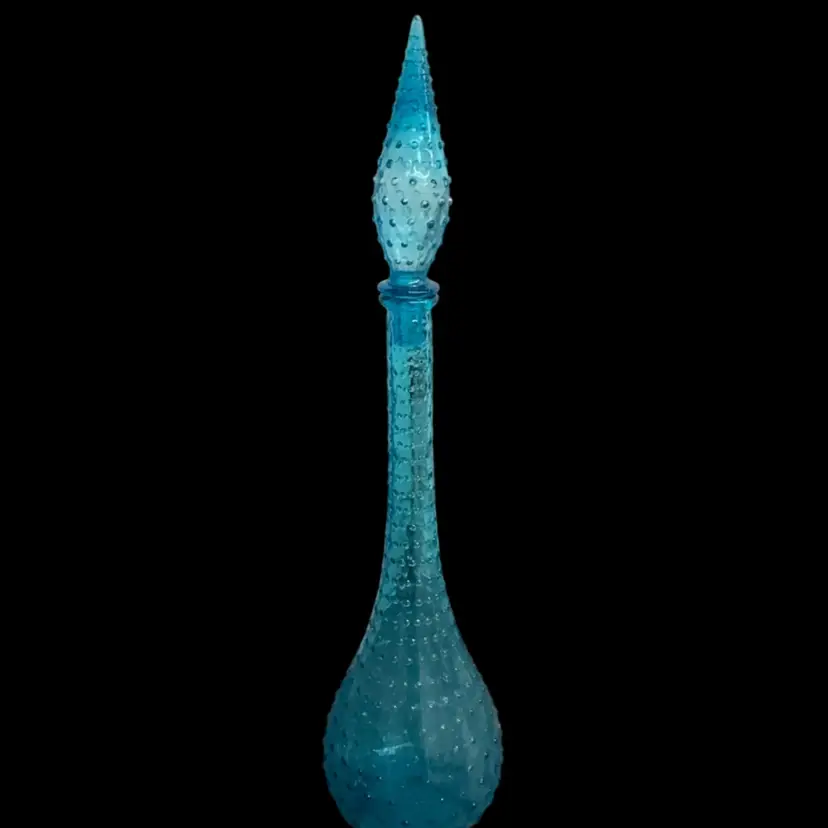 Vintage blue Empoli bottle 60, tall Italian glass bottle with a pointed stopper 22.5