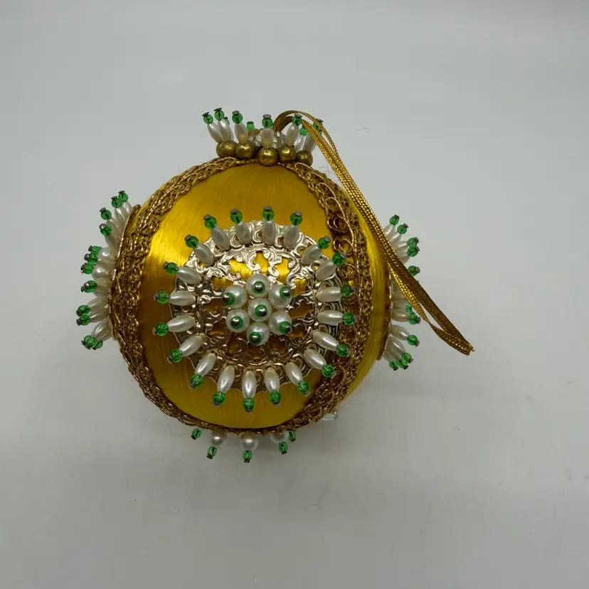 Vintage Beaded Sequin Green & Gold Satin Push Pin Christmas Ornament MCM
