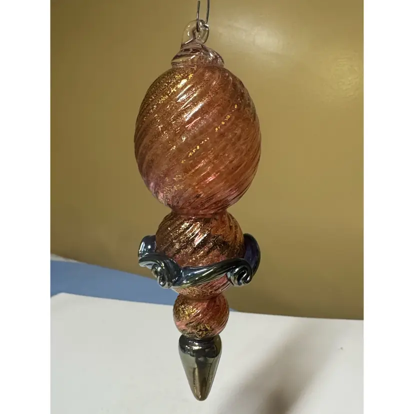 Murano Hand-Blown pink swirl Glass Ornament with gold aventurine 6”
