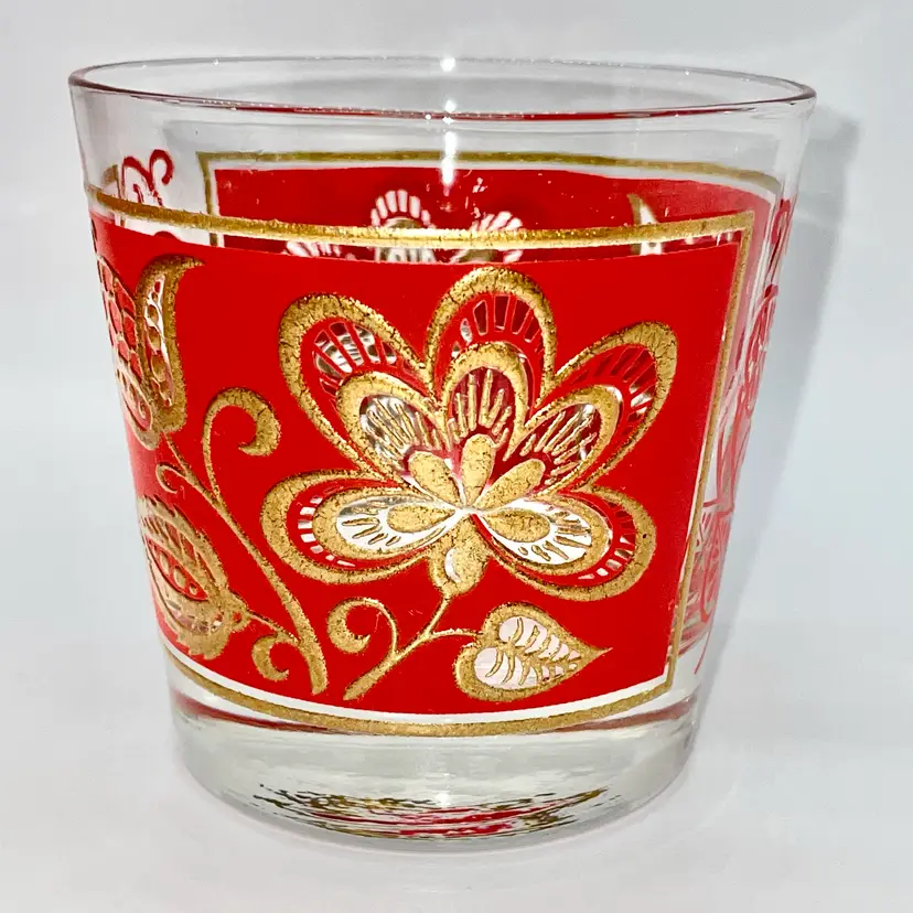 Set of TWO (2) Vintage Libby MCM Tapestry Whiskey Lowball Glasses Red & Gold Floral Leaf
