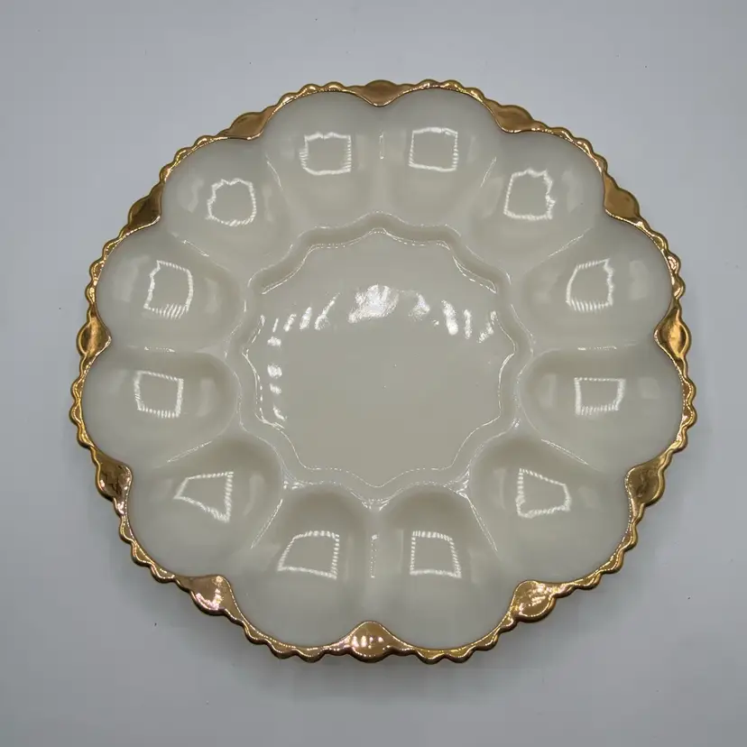 Anchor Hocking Milk Glass Gold Detail Deviled Egg Plate