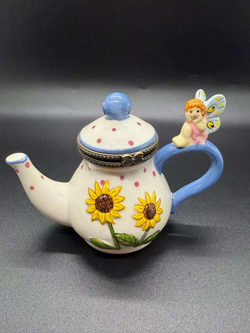 Sunflower And Fairy Ceramic Hinged Trinket Box With Teapot And Teacup Trinkets