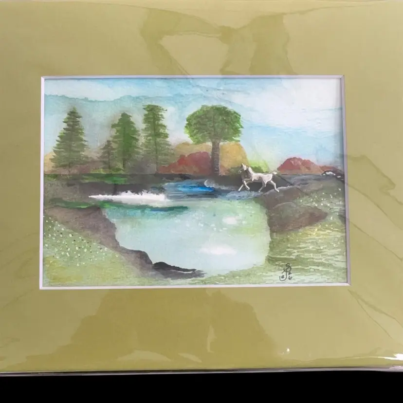 Original Watercolor Pond Landscape With Horse Brooch 5 X 7” In 8 X 10” Green Matte