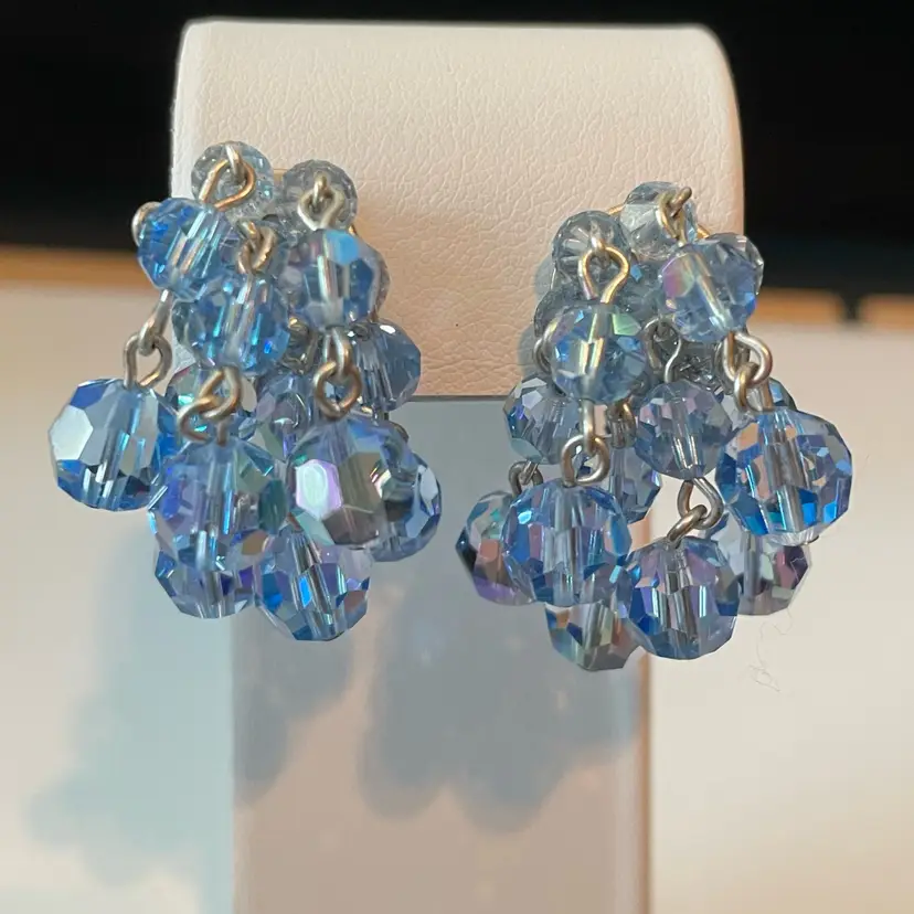 33 Blue Aurora Borealis Cluster Waterfall Clip On Earrings