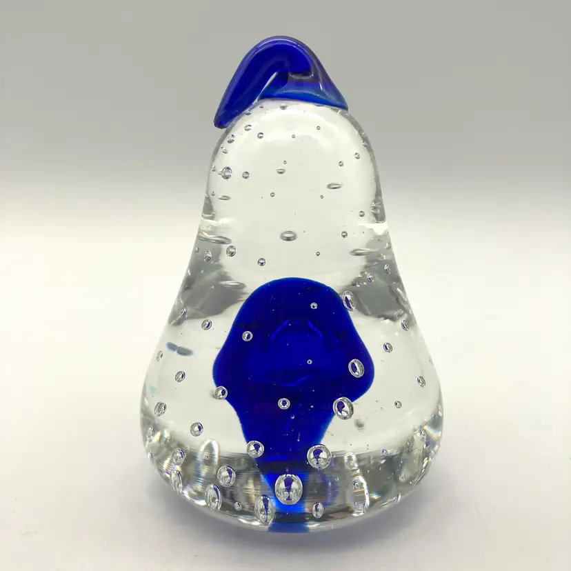 BIN - Vintage Art Glass Pear Paperweight Blue Stem And Core. Controlled Bubbles