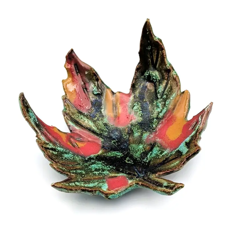 Vtg Fall Art Pottery Maple Leaf Shaped Footed Trinket Catch All Dish Tray Signed