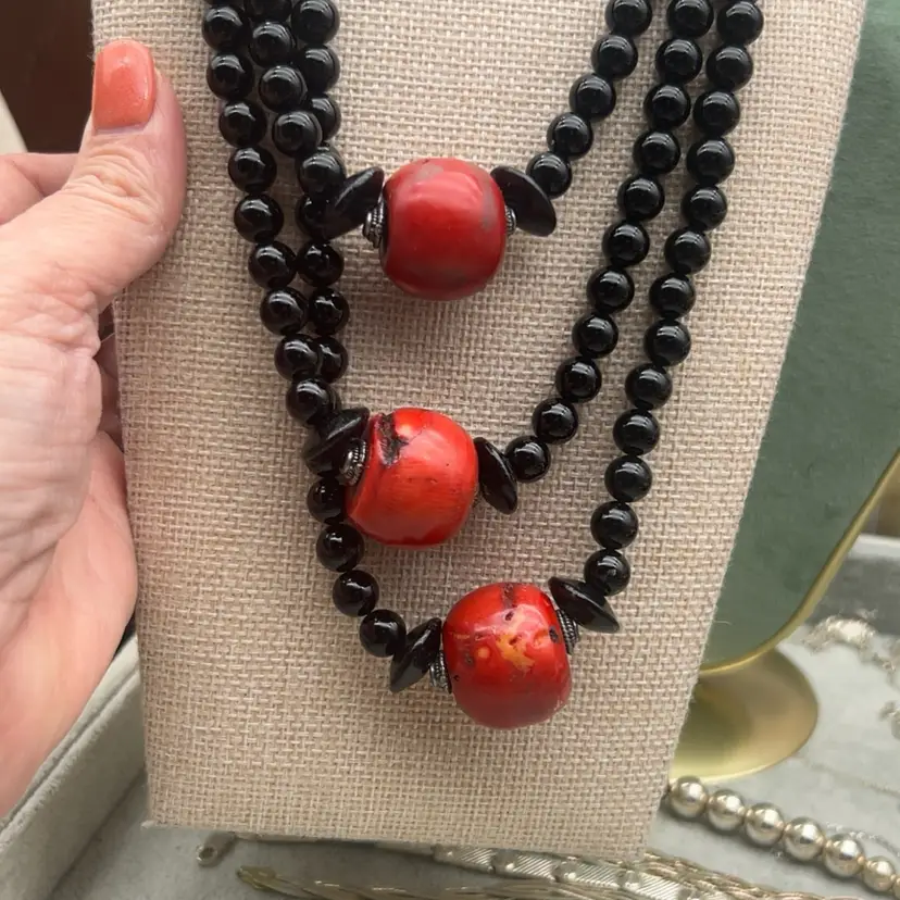 Multi-Strand Black Onyx & Red Coral Necklace 18–22” Waterfall Statement Necklace
