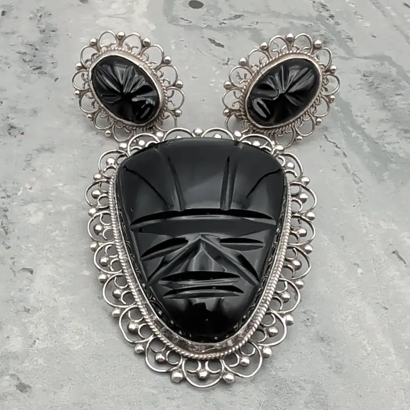 Vtg Mexico Sterling Silver Black Onyx Aztec Mayan Mask Brooch Screwback Earrings