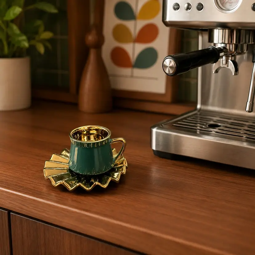A Teal and Gold Espresso Cup Set