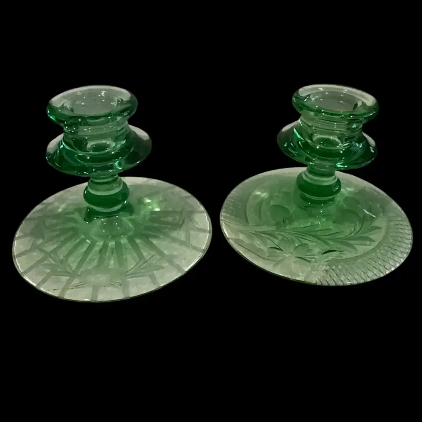 Green Depression Uranium Glass Candle Stick Holders -glows
