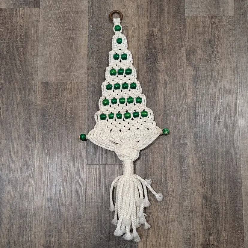 Vintage Macrame Christmas Tree Wall Hanging White & Green Wooden Beads Handmade