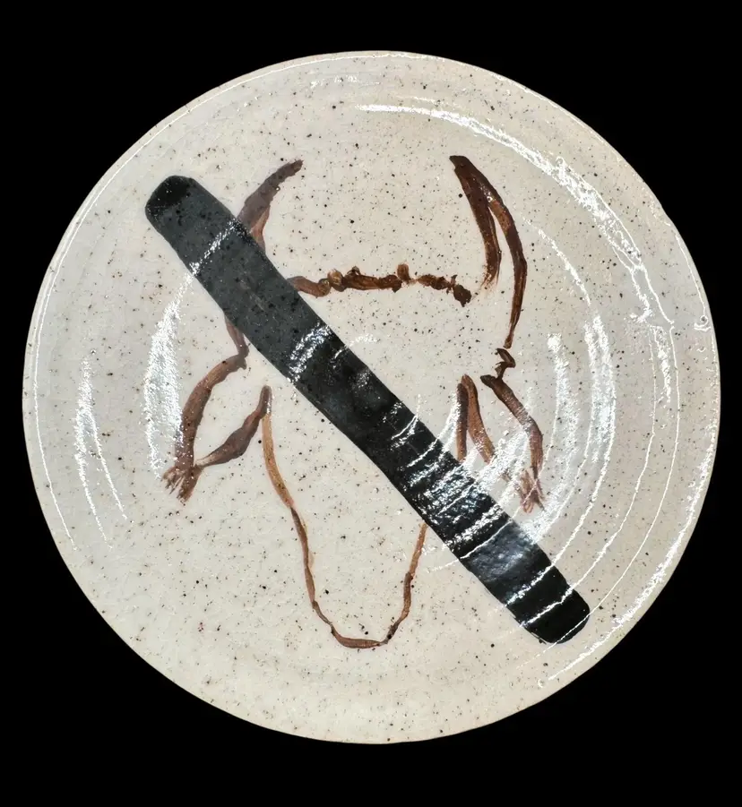 Signed Chandra R Studio Art Pottery Trinket Dish Plate No Bull Cow Steer 6.25”