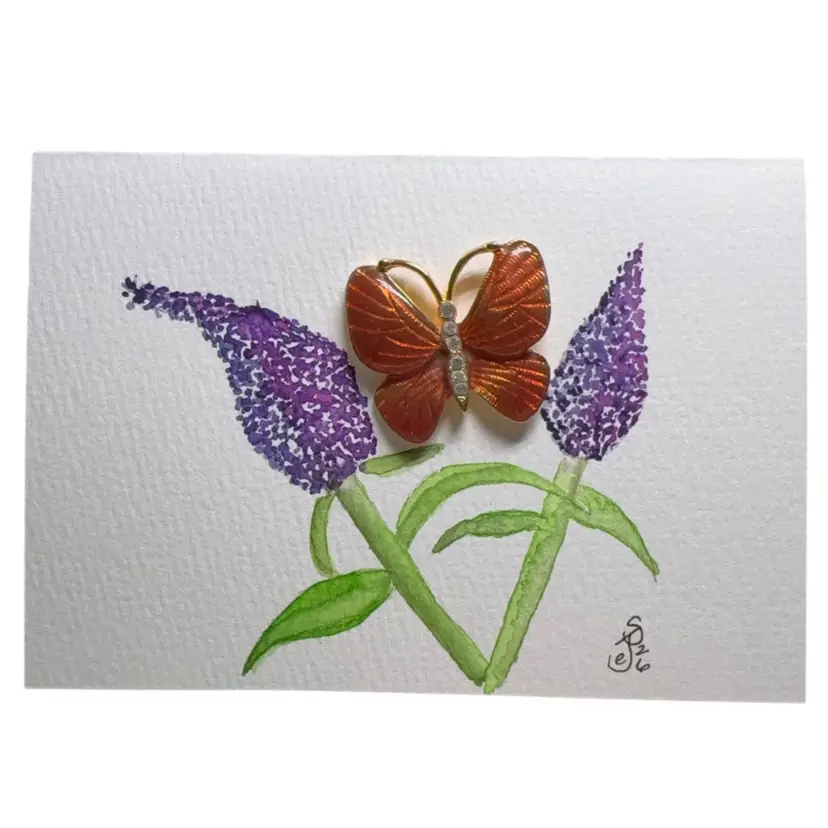 Original Watercolor Card Butterfly Brooch In Butterfly Bush 5 X 3.5”