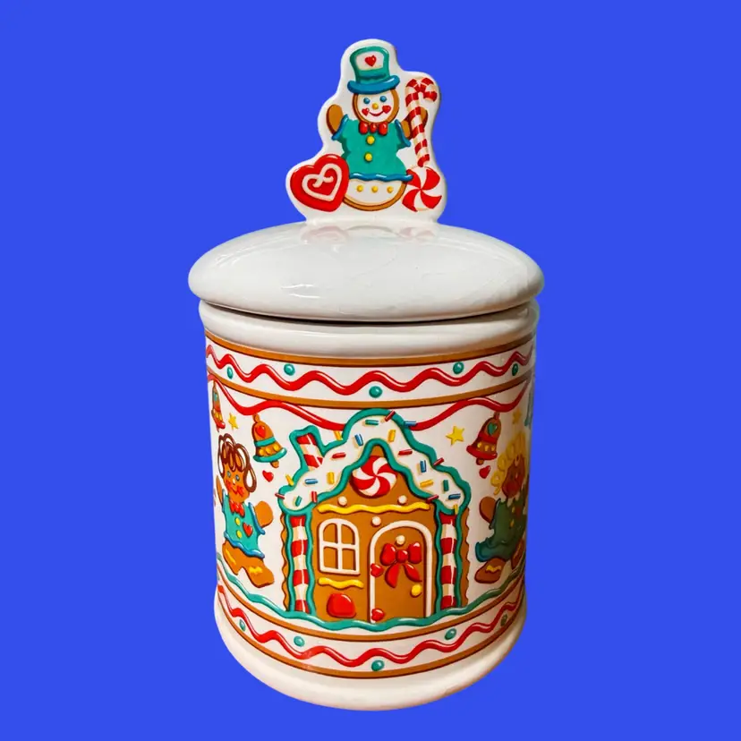 8.5” Vintage Teleflora Ceramic Cookie Jar, Christmas Gingerbread Scene, READ