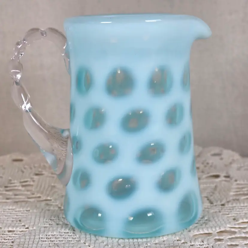 Vintage Fenton Blue Coin Dot Opalescent Glass Mini Pitcher 4"