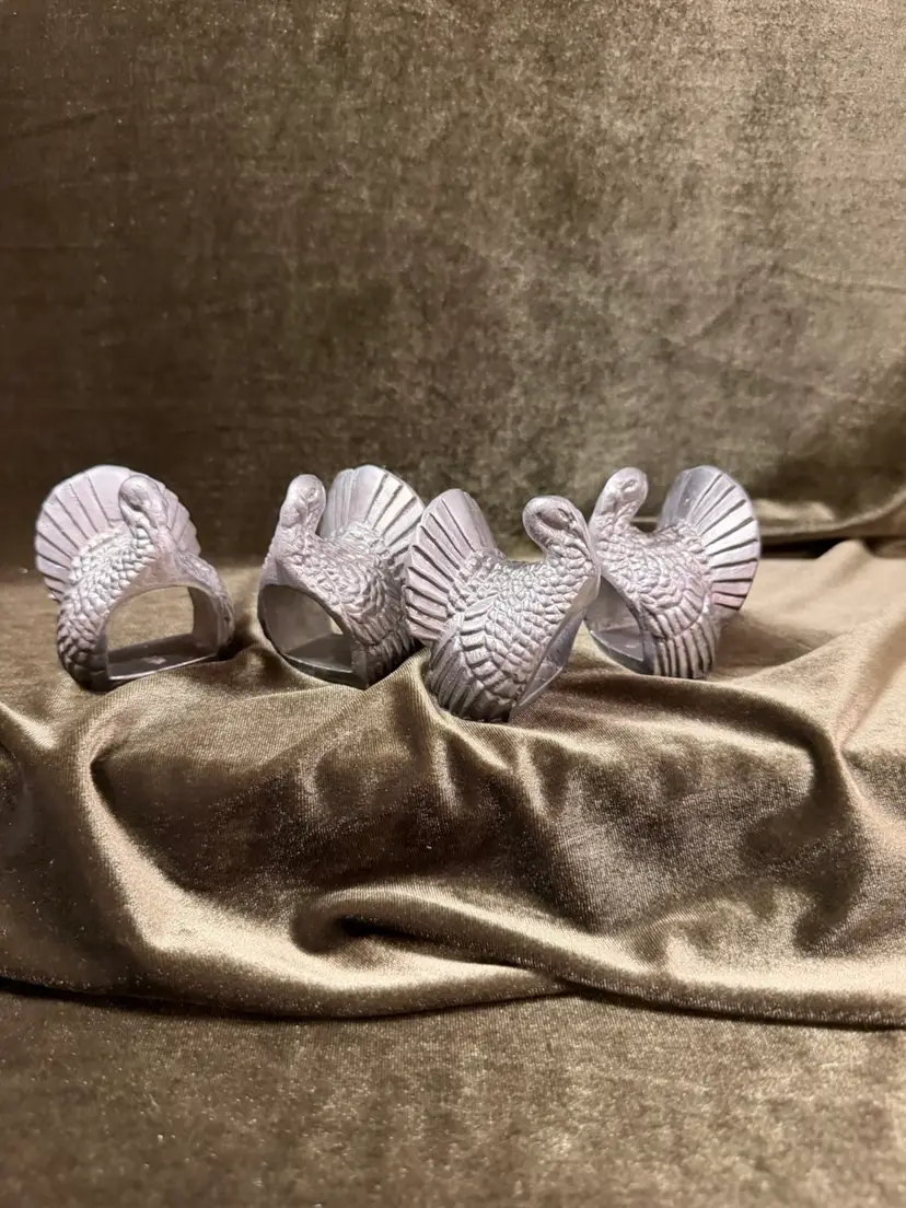 Vintage Pewter Turkey Napkin Rings Set of 4 – Detailed Figural Autumn Thanksgiving Table Decor