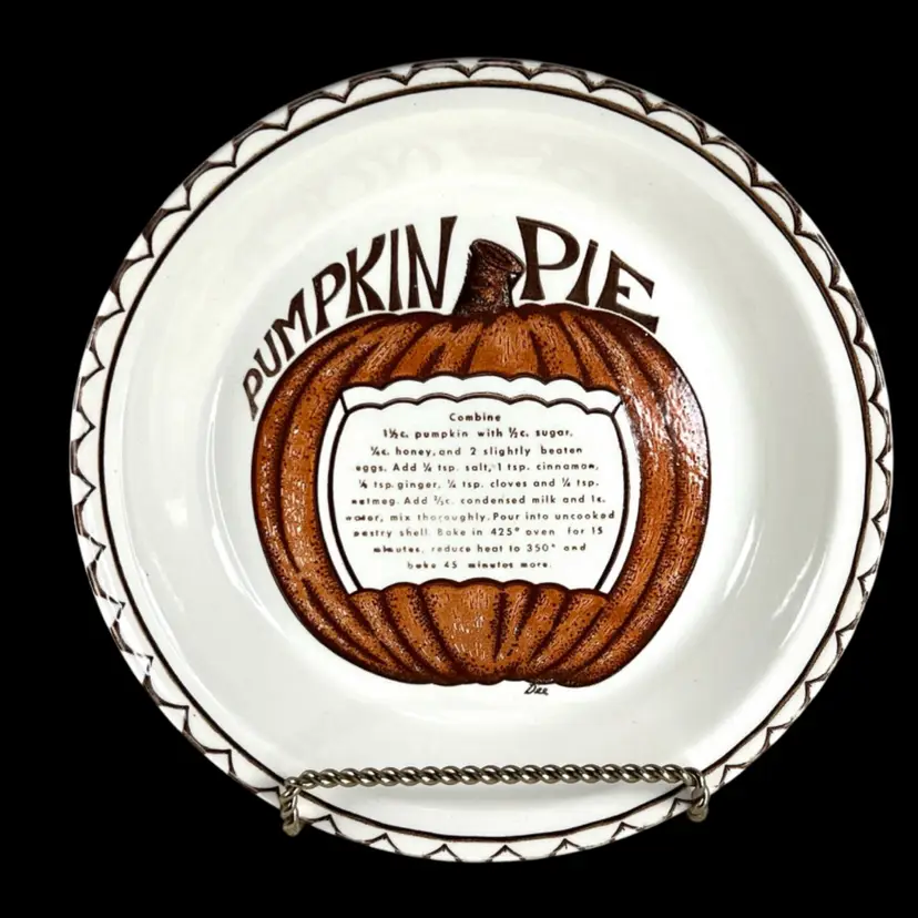 Dee 10” Pumpkin Pie Recipe Graphic Decorative Vintage Ceramic Pie Plate