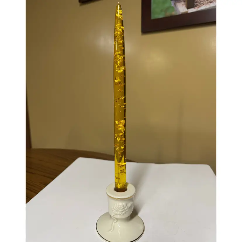 Lucite Candle Yellow Gold with glitter flakes 11.5” tall