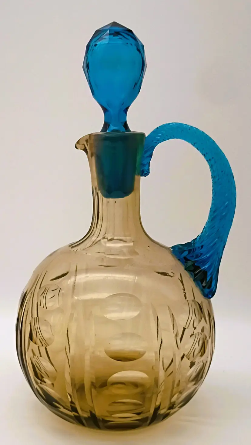 Antique Bohemian Moser Cruet ~ Thumbprint Amber ~ Blue Stopper & Twist Handle