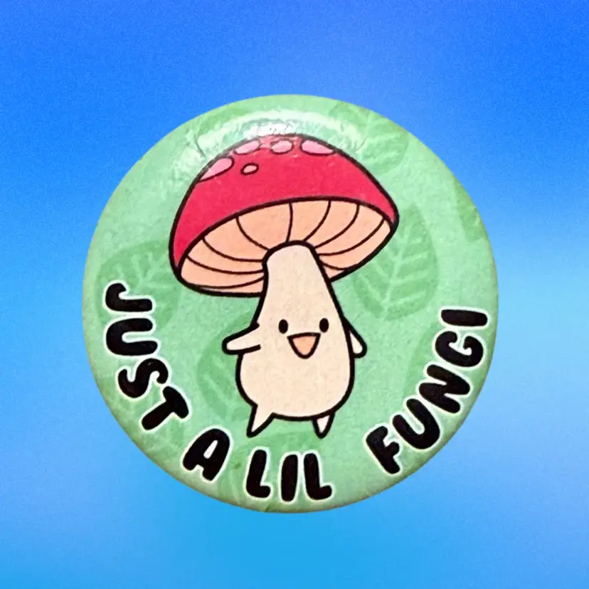 “Just a Little Fungi” tdoodles Mushroom Creature Green Button