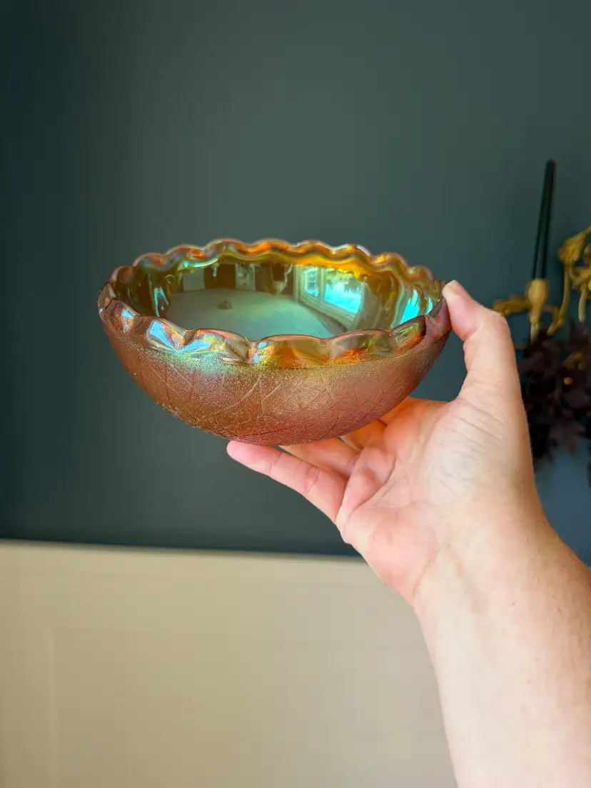 7.25 Jeannette Carnival Glass Serving Bowl, "Crackle" pattern, Scalloped Edge, Marigold