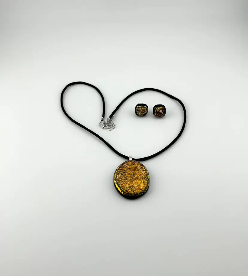Silver Tone Dichroic Glass Necklace and Pierced Earring Set