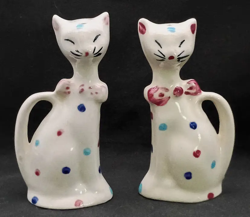 Vintage Siamese Cat Salt & Peppers Shakers ~ Multicolor Polka Dots w/Bows