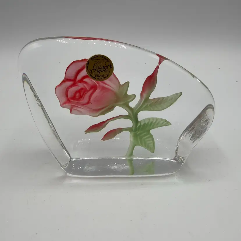 Cristal D’Arques France Pink Rose Airbrushed Iceberg Shaped Paperweight