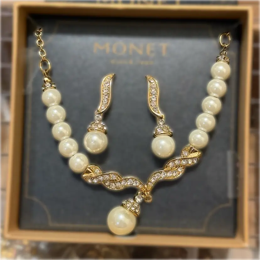 Vintage Signed Monet Faux Pearl and Rhinestone Necklace & Pierced Earring Set NIB