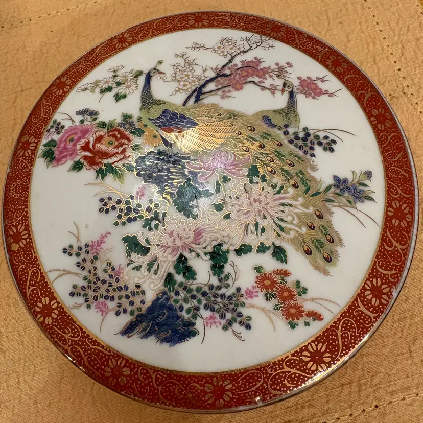 Vtg Satsuma Japan Porcelain Trinket Box Peacock 1979 Arnart Imports Gold