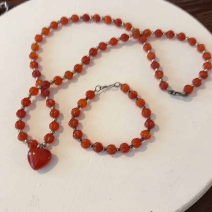 Free Shipping! Glass Beads Necklace Bracelet Set Orange Heart Pendant